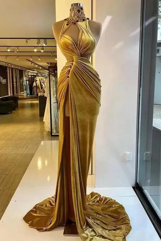 Mermaid High Neck Ruffles Floor-length Sleeveless Rhinestone High Split Prom Dress