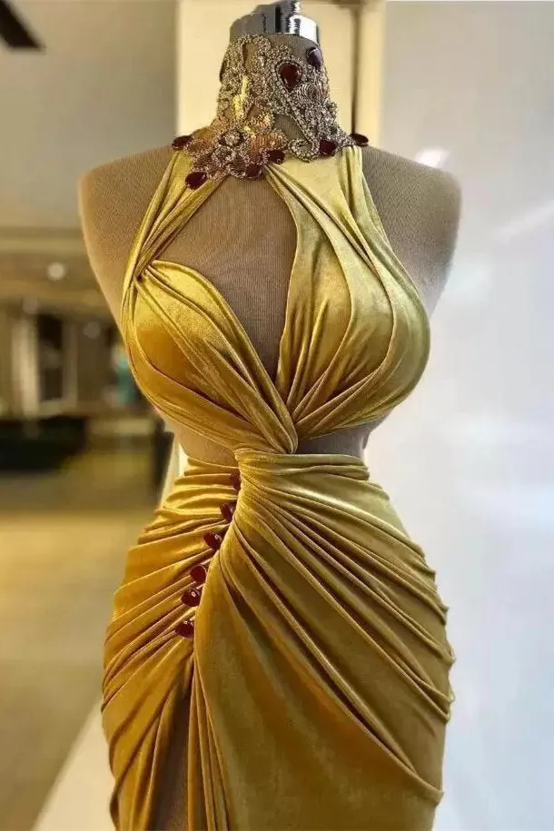 Mermaid High Neck Ruffles Floor-length Sleeveless Rhinestone High Split Prom Dress