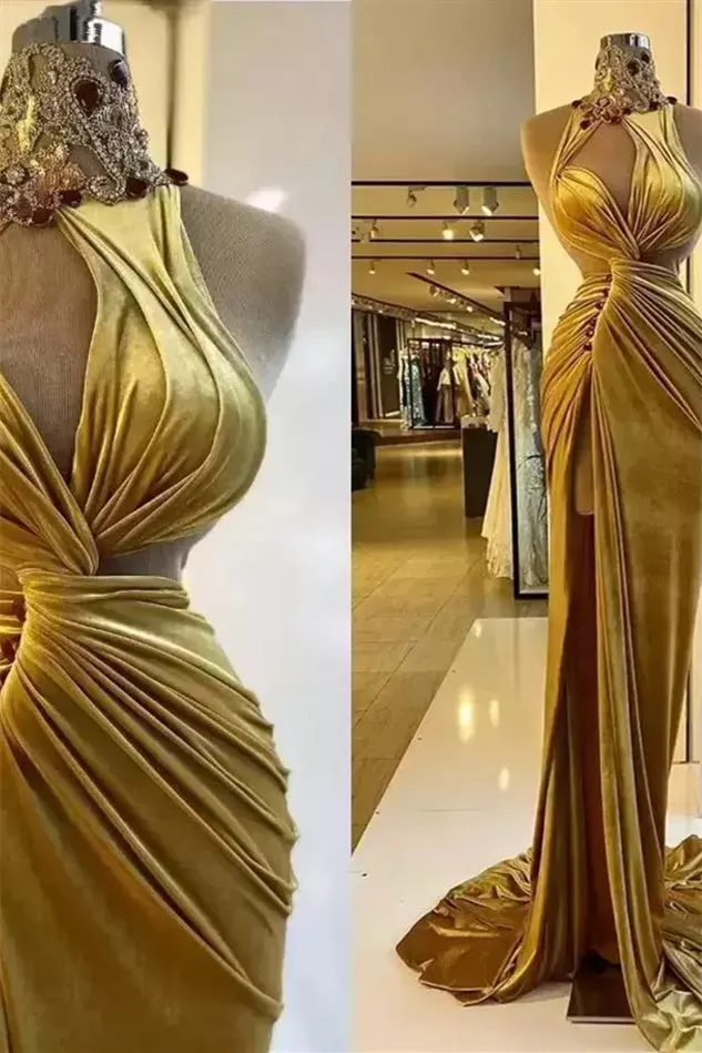 Mermaid High Neck Ruffles Floor-length Sleeveless Rhinestone High Split Prom Dress