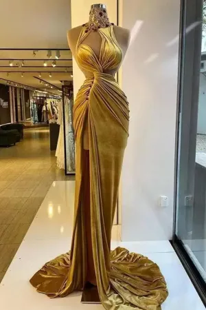 Mermaid High Neck Ruffles Floor-length Sleeveless Rhinestone High Split Prom Dress
