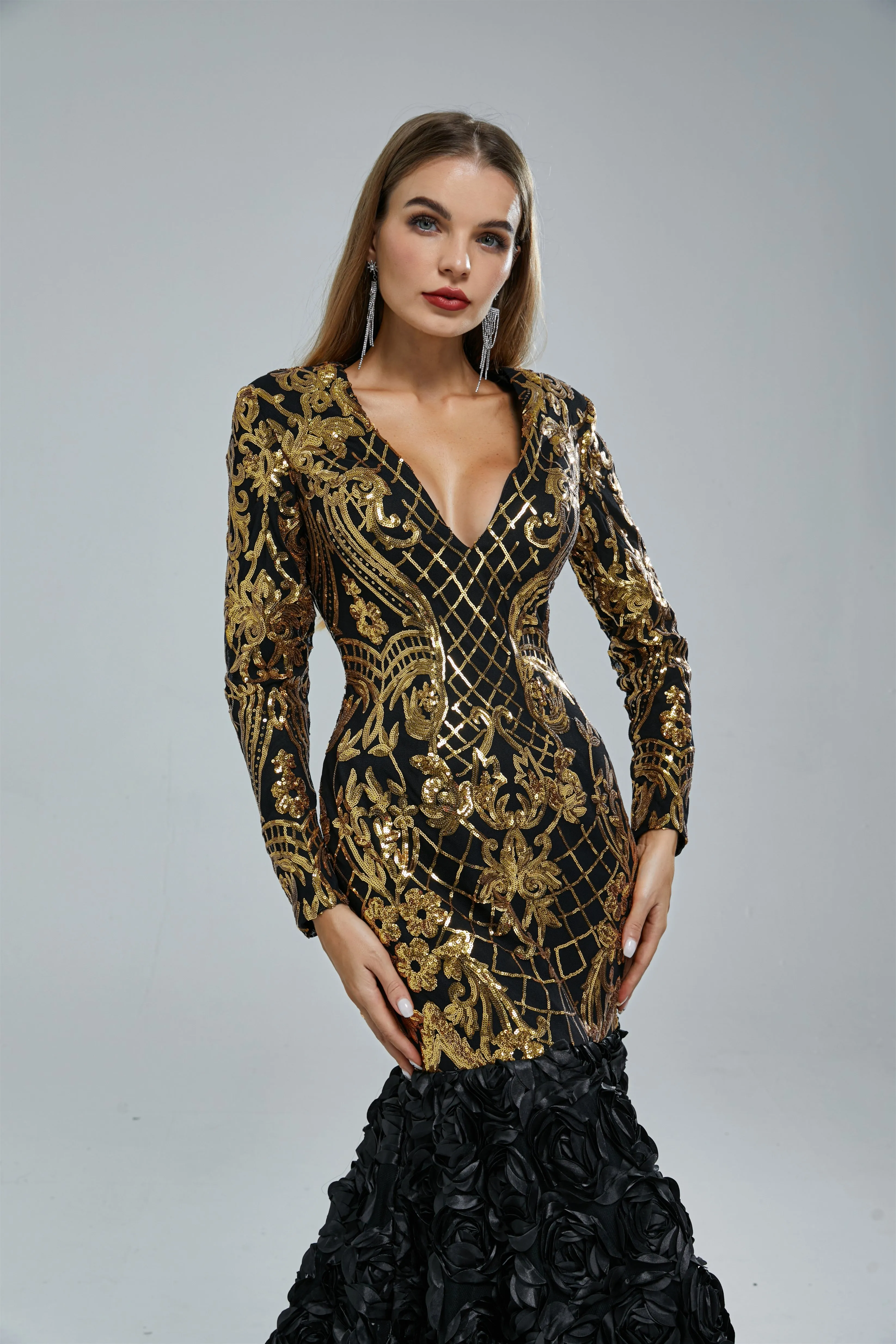 Mermaid V-neck Long sleeves Floor-length Backless Flower Sequined Beautiful Prom Dress