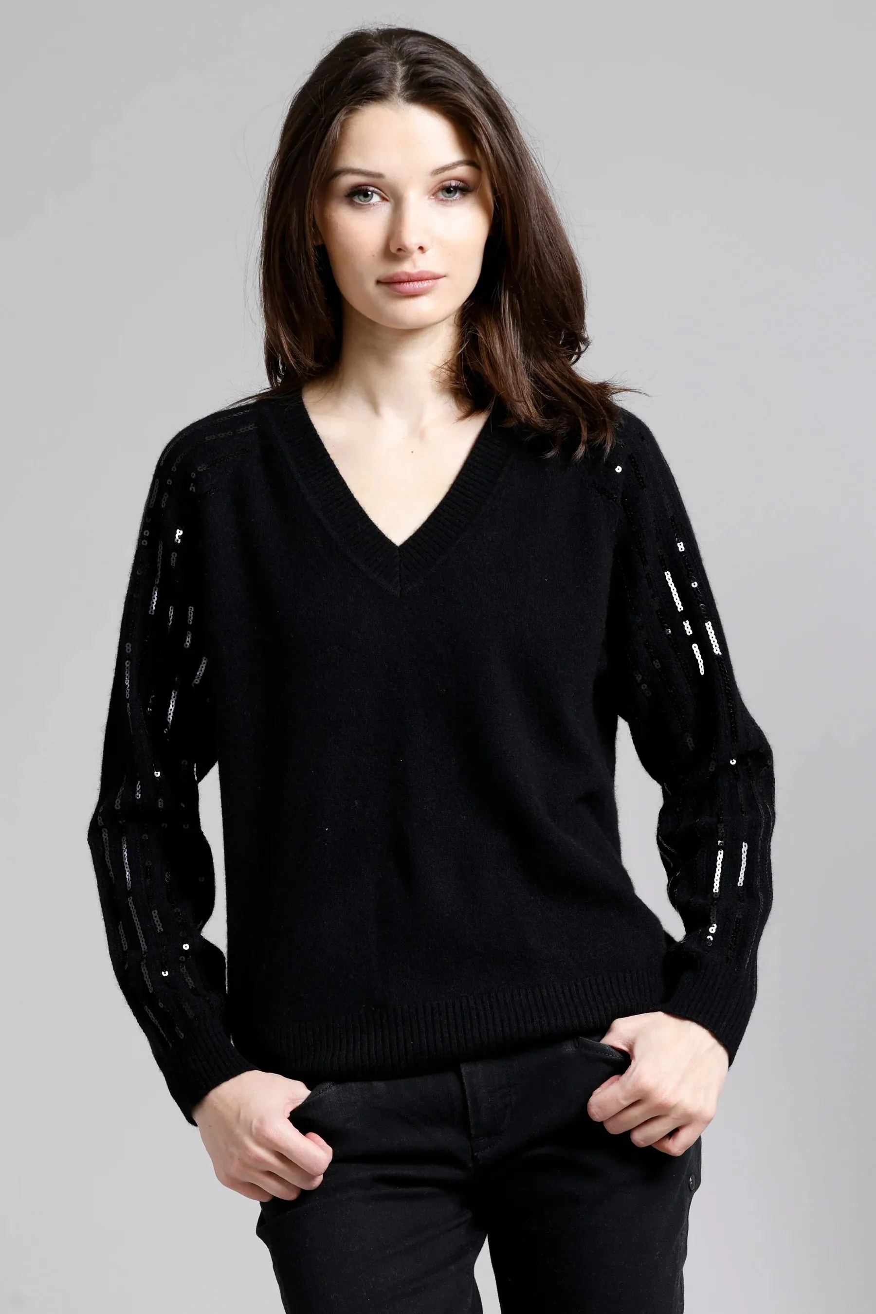 Minnie Rose Cashmere V with Sequin Sleeves
