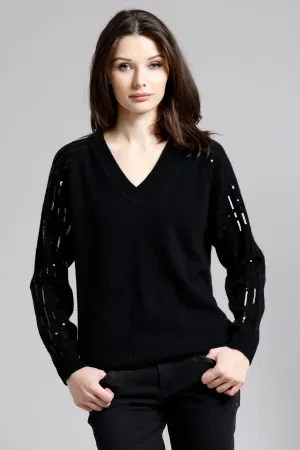 Minnie Rose Cashmere V with Sequin Sleeves
