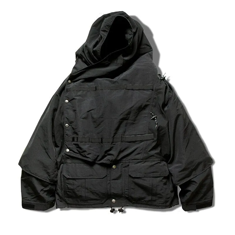 Multifunctional Loose Men's Jacket Hooded Black Multi Pocket Coat