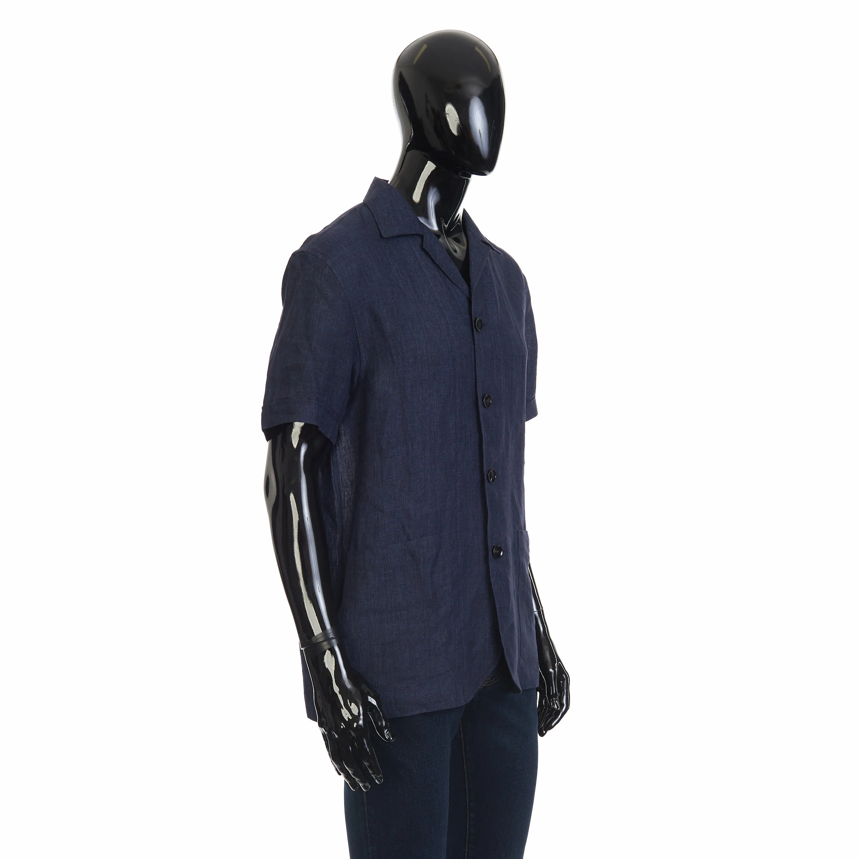 Navy Blue Linen Blazer Shirt  With Short Sleeves.