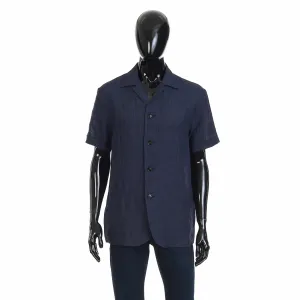 Navy Blue Linen Blazer Shirt  With Short Sleeves.