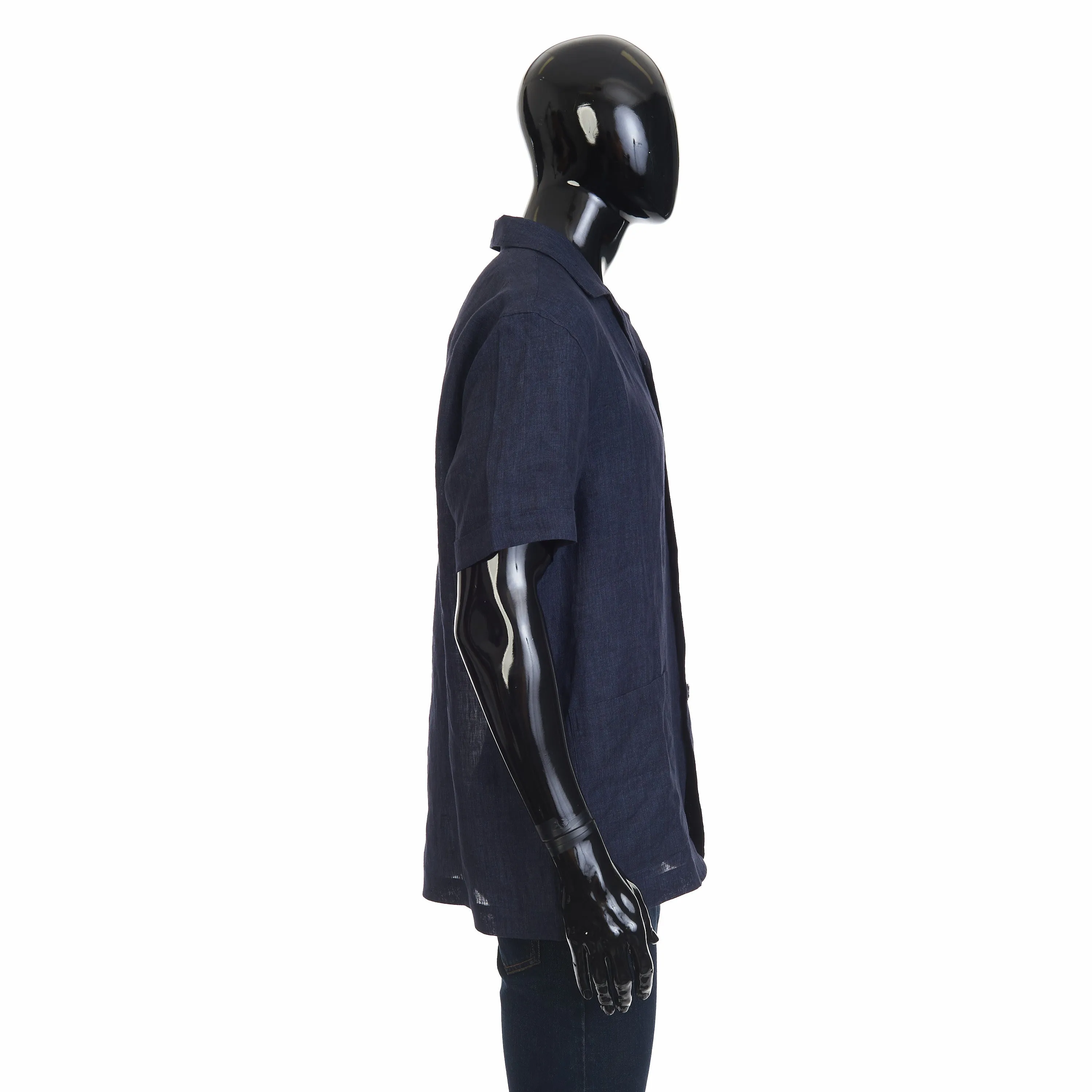 Navy Blue Linen Blazer Shirt  With Short Sleeves.
