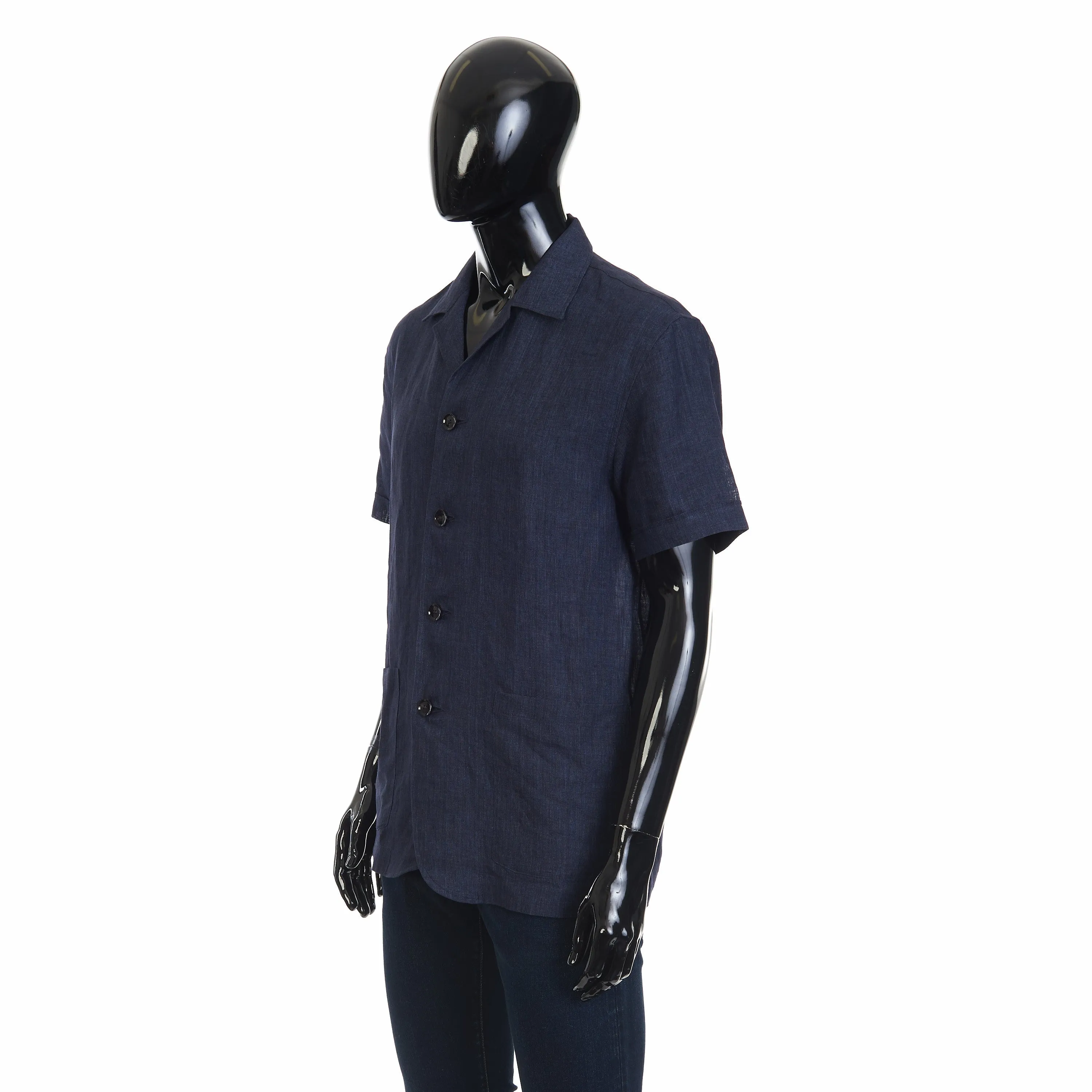Navy Blue Linen Blazer Shirt  With Short Sleeves.