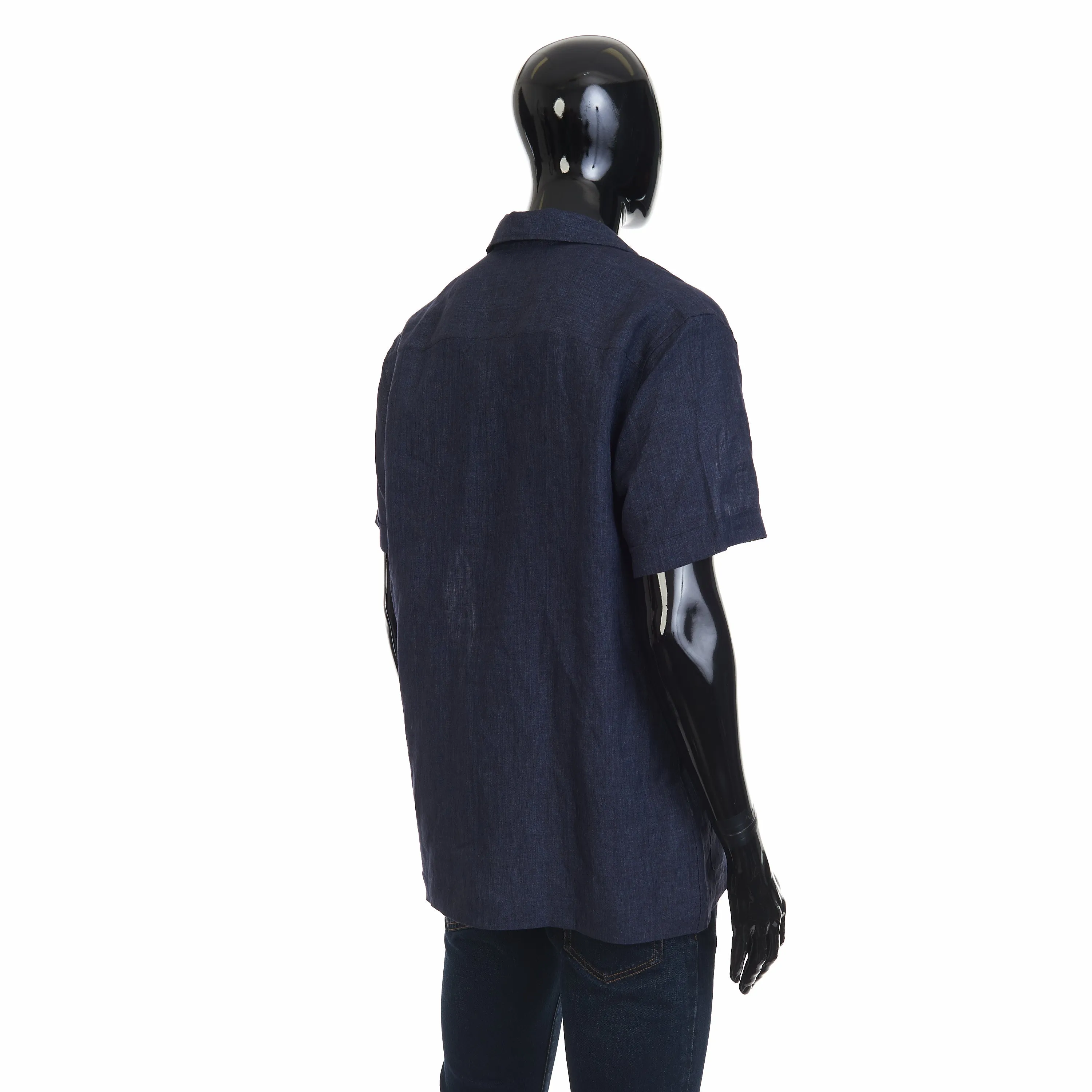 Navy Blue Linen Blazer Shirt  With Short Sleeves.