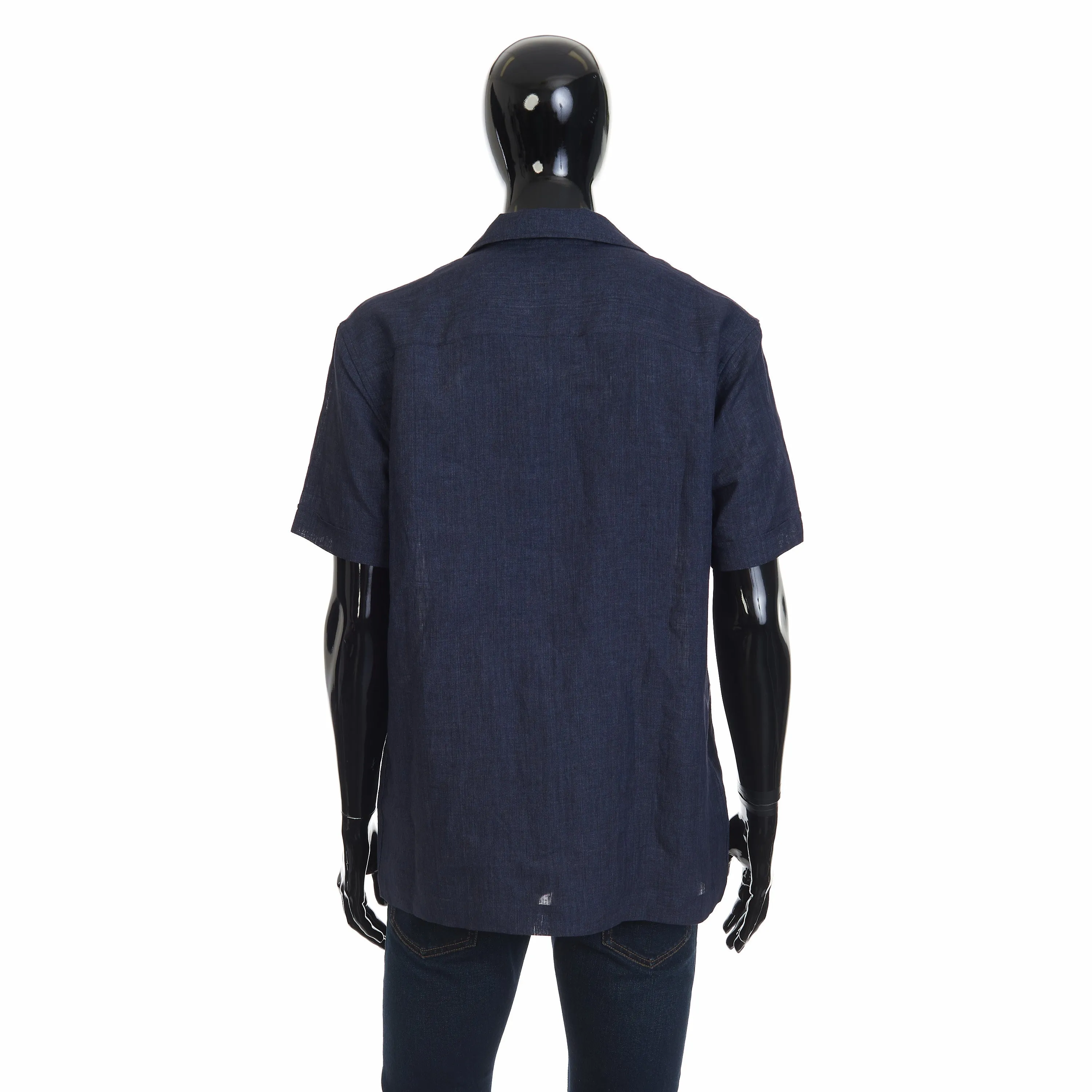 Navy Blue Linen Blazer Shirt  With Short Sleeves.