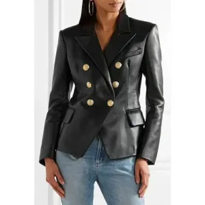 New Women's Spring and Autumn Slim Fit double-breasted long-Sleeved Office Lady Suits PU Leather Short Coats
