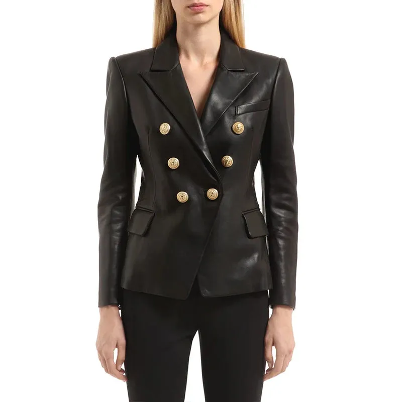 New Women's Spring and Autumn Slim Fit double-breasted long-Sleeved Office Lady Suits PU Leather Short Coats