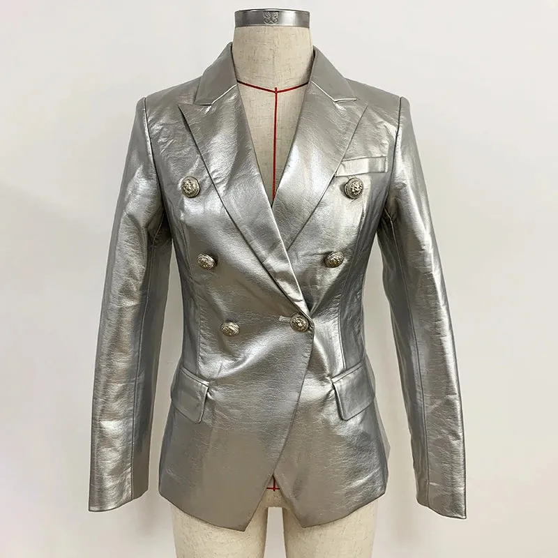 New Women's Spring and Autumn Slim Fit double-breasted long-Sleeved Office Lady Suits PU Leather Short Coats