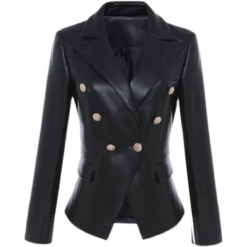 New Women's Spring and Autumn Slim Fit double-breasted long-Sleeved Office Lady Suits PU Leather Short Coats