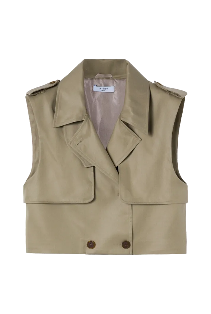 Olive-Beige Cropped Trench Vest
