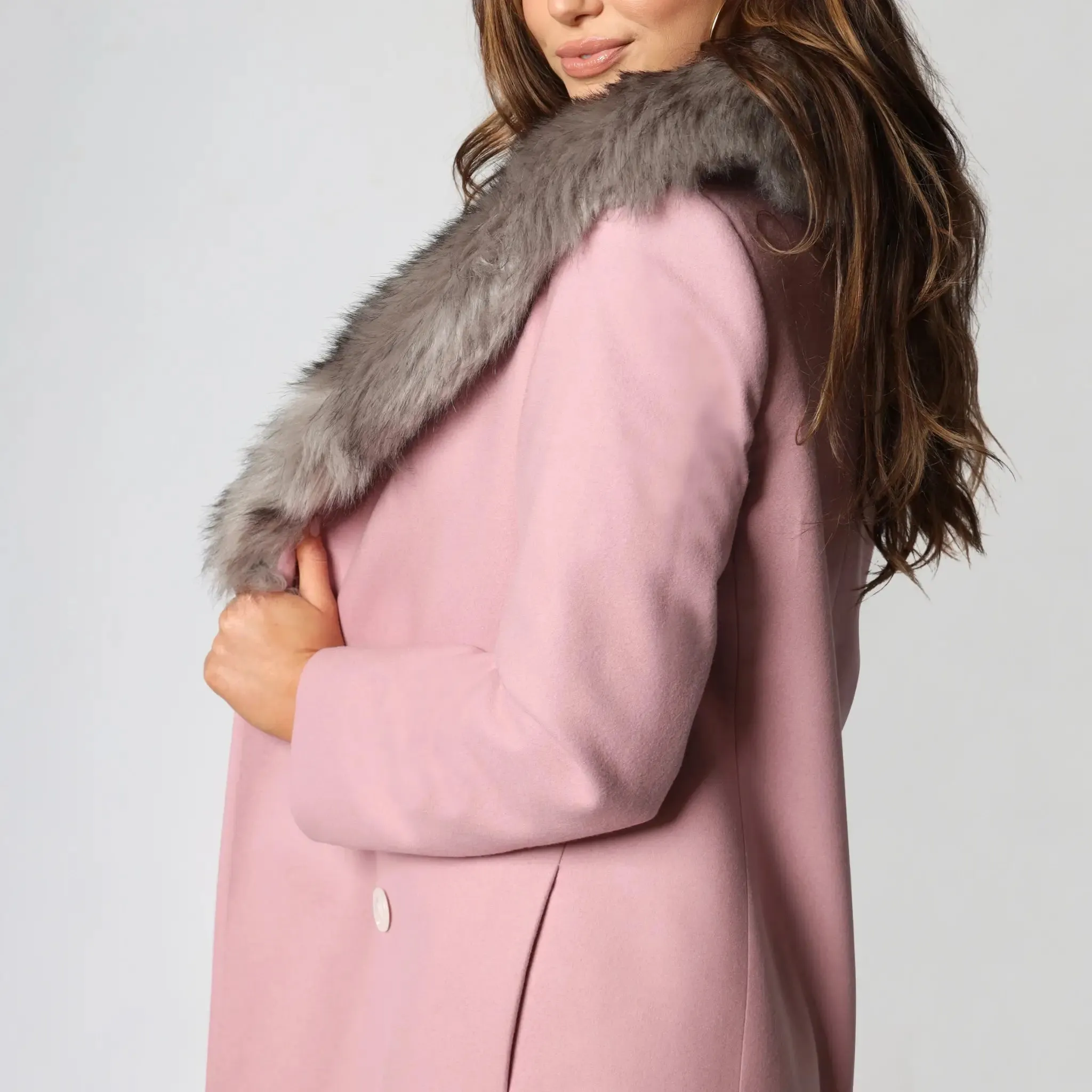 Pink Italian Wool Fur Collar Women's Winter Coat