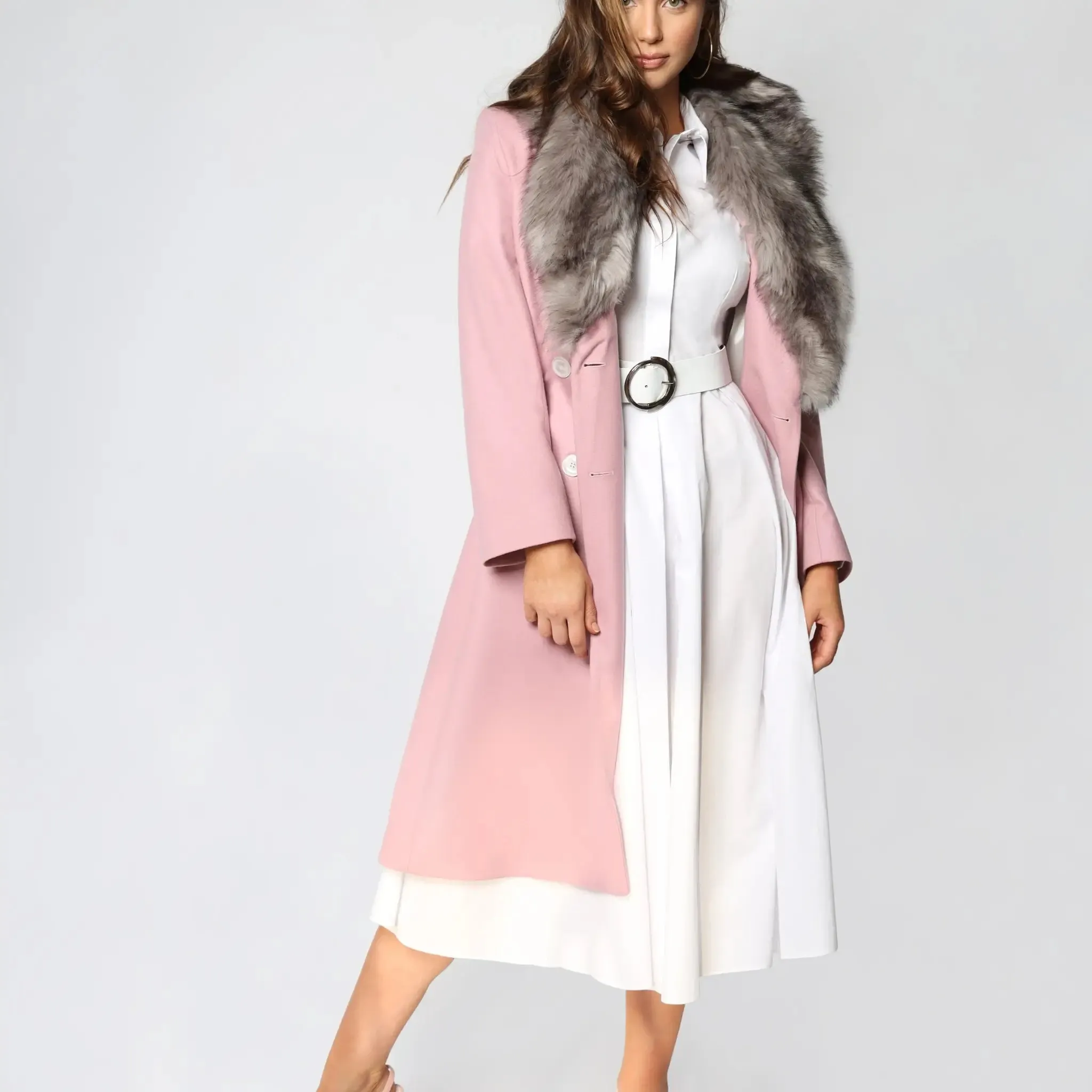 Pink Italian Wool Fur Collar Women's Winter Coat
