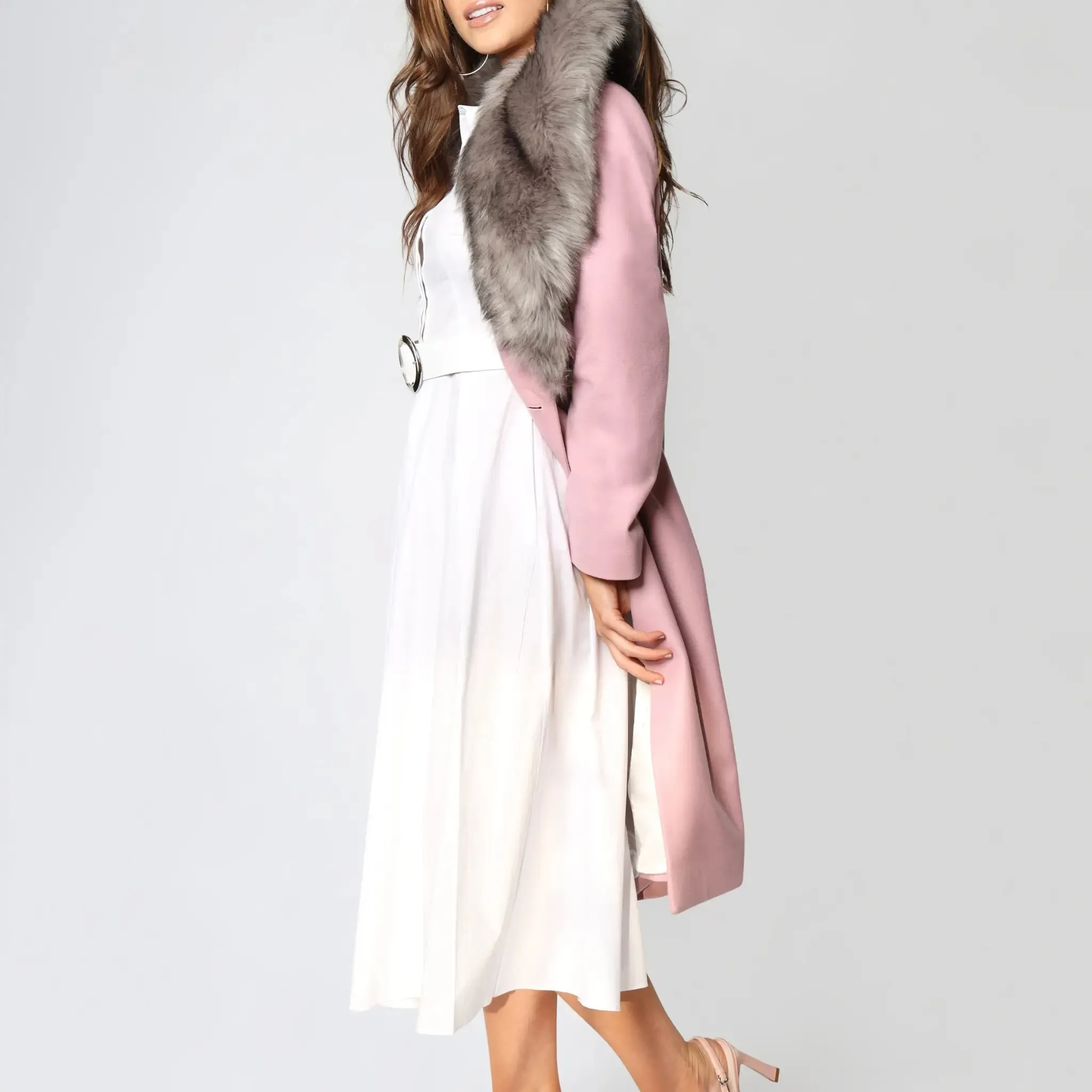 Pink Italian Wool Fur Collar Women's Winter Coat