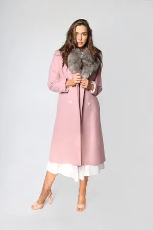 Pink Italian Wool Fur Collar Women's Winter Coat