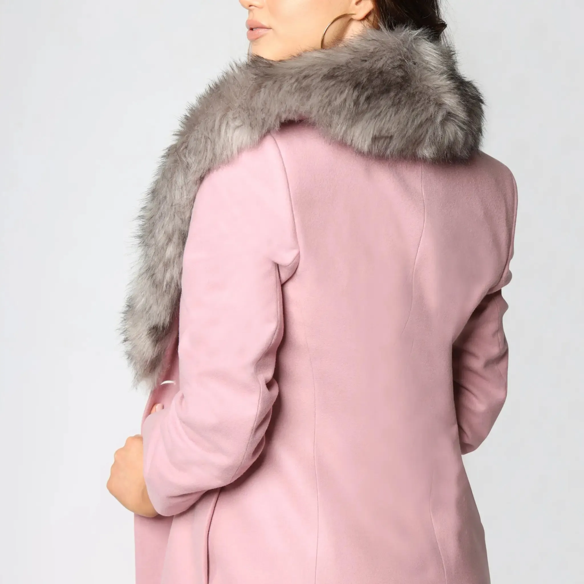 Pink Italian Wool Fur Collar Women's Winter Coat