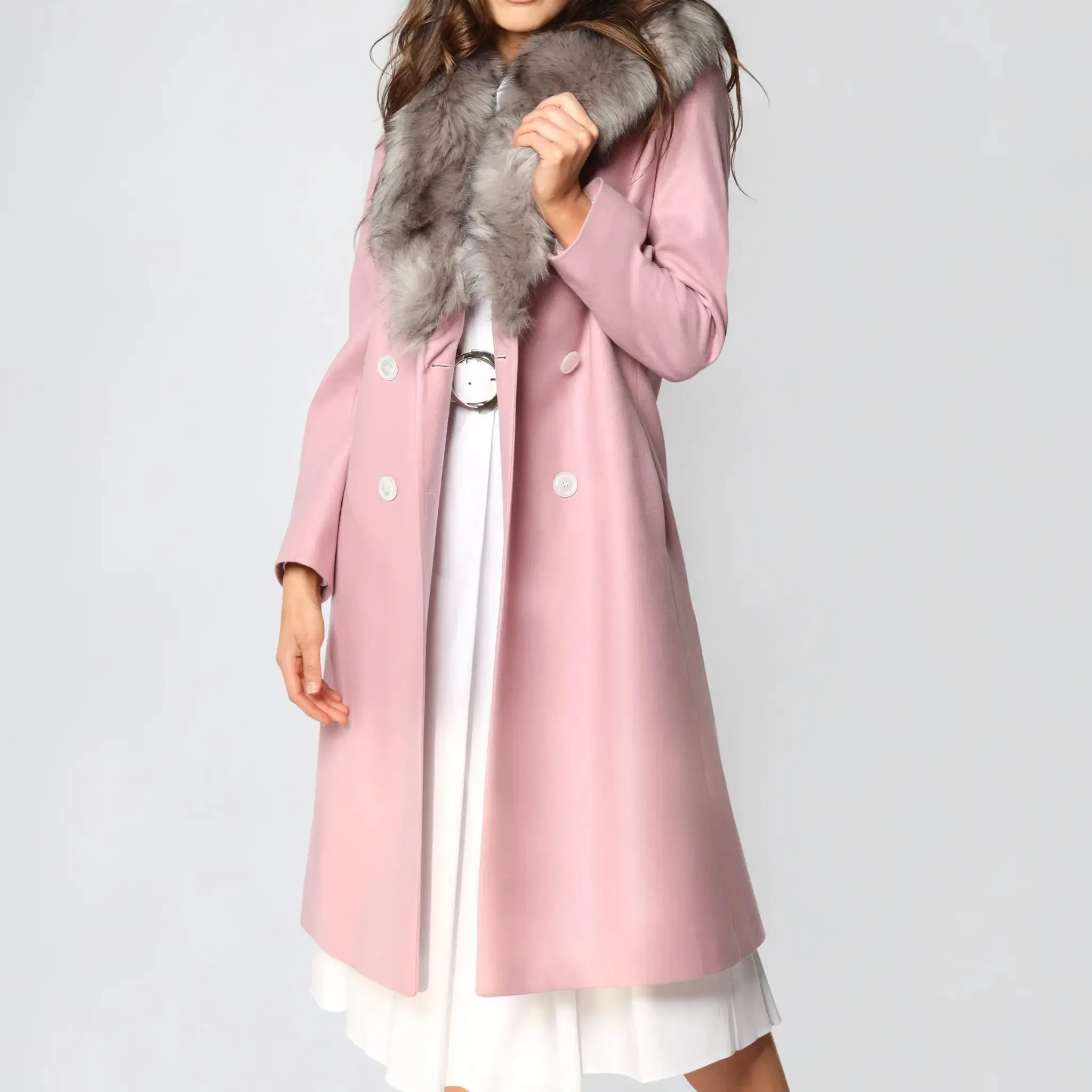 Pink Italian Wool Fur Collar Women's Winter Coat