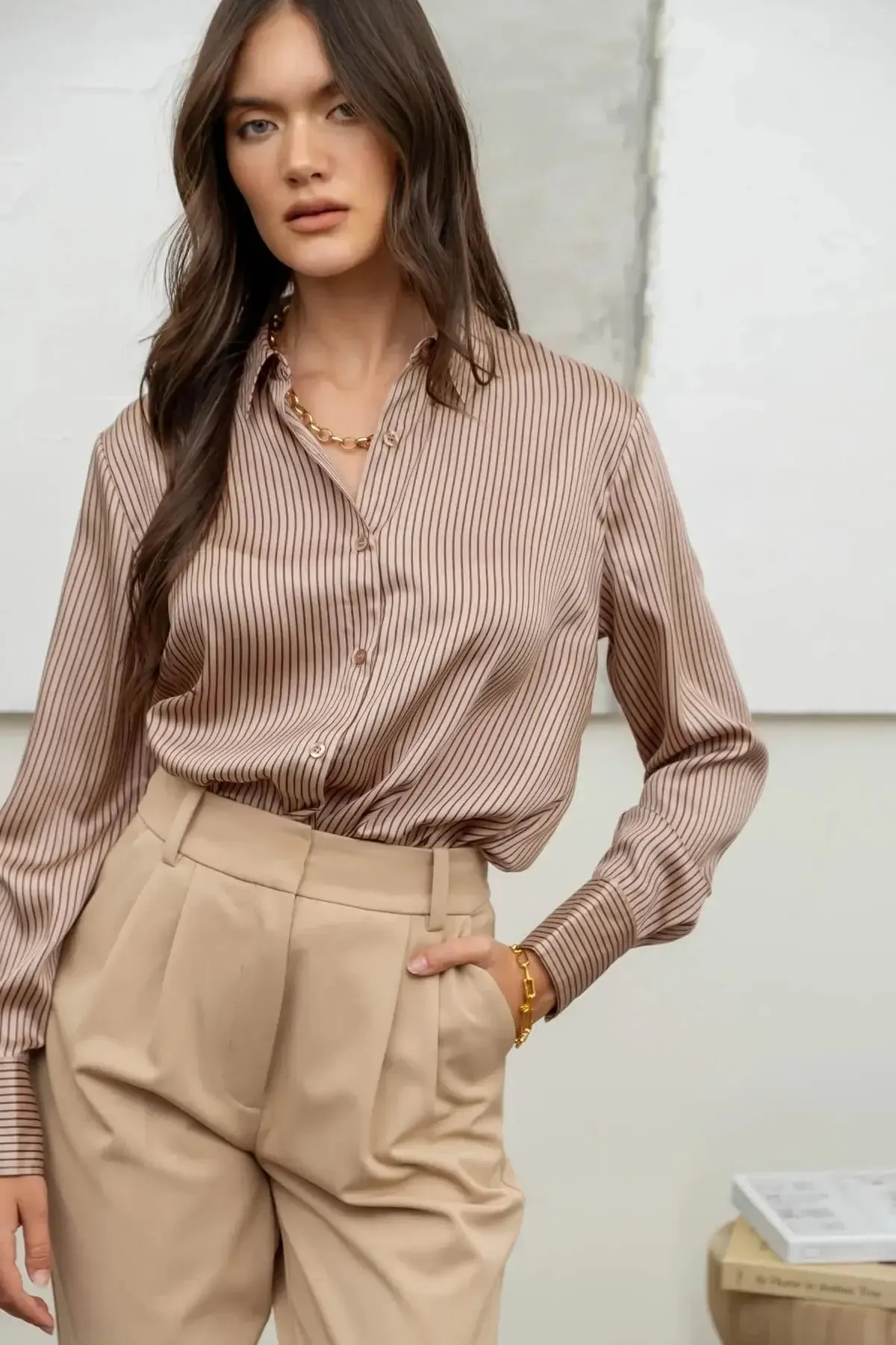 PINSTRIPE BUTTON UP WOVEN TOP