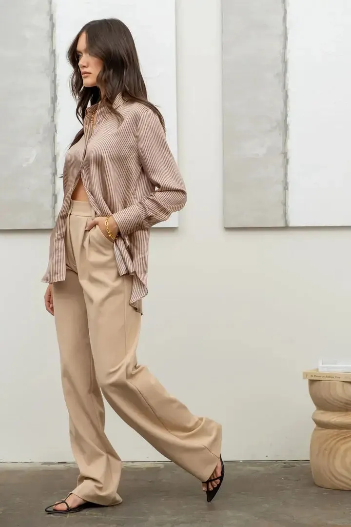 PINSTRIPE BUTTON UP WOVEN TOP