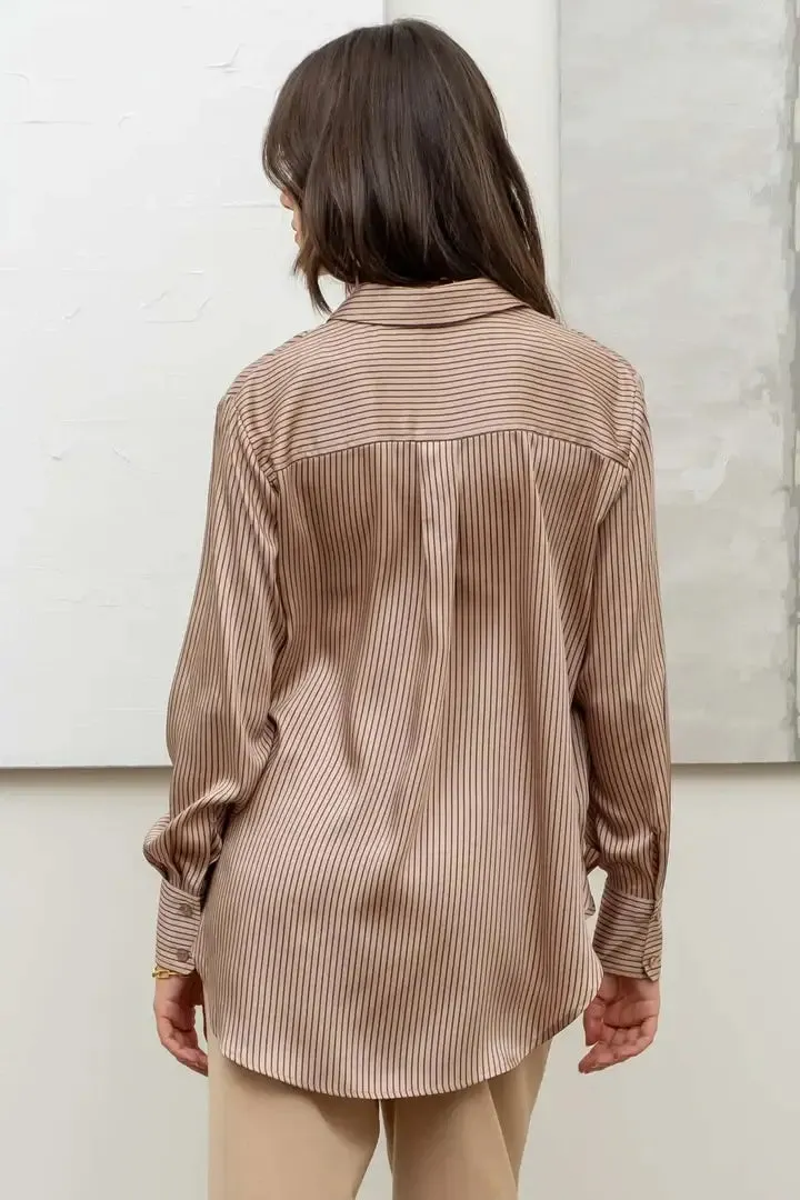 PINSTRIPE BUTTON UP WOVEN TOP