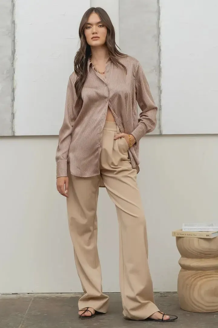 PINSTRIPE BUTTON UP WOVEN TOP