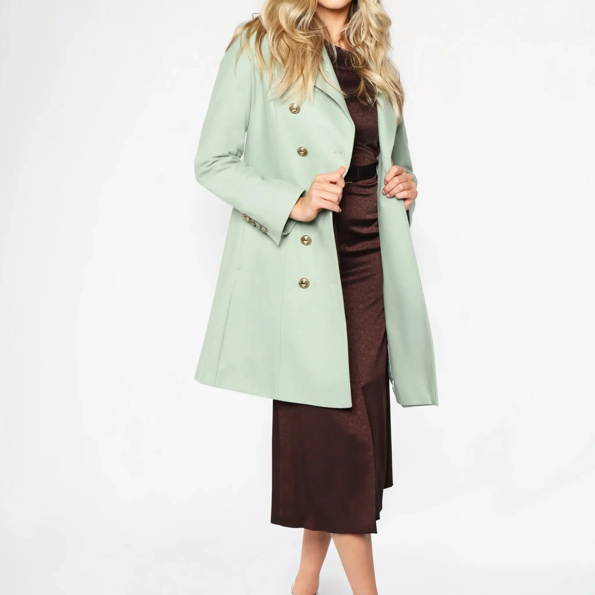 Pistachio Green Italian Wool Double Breasted Women's Winter Coat