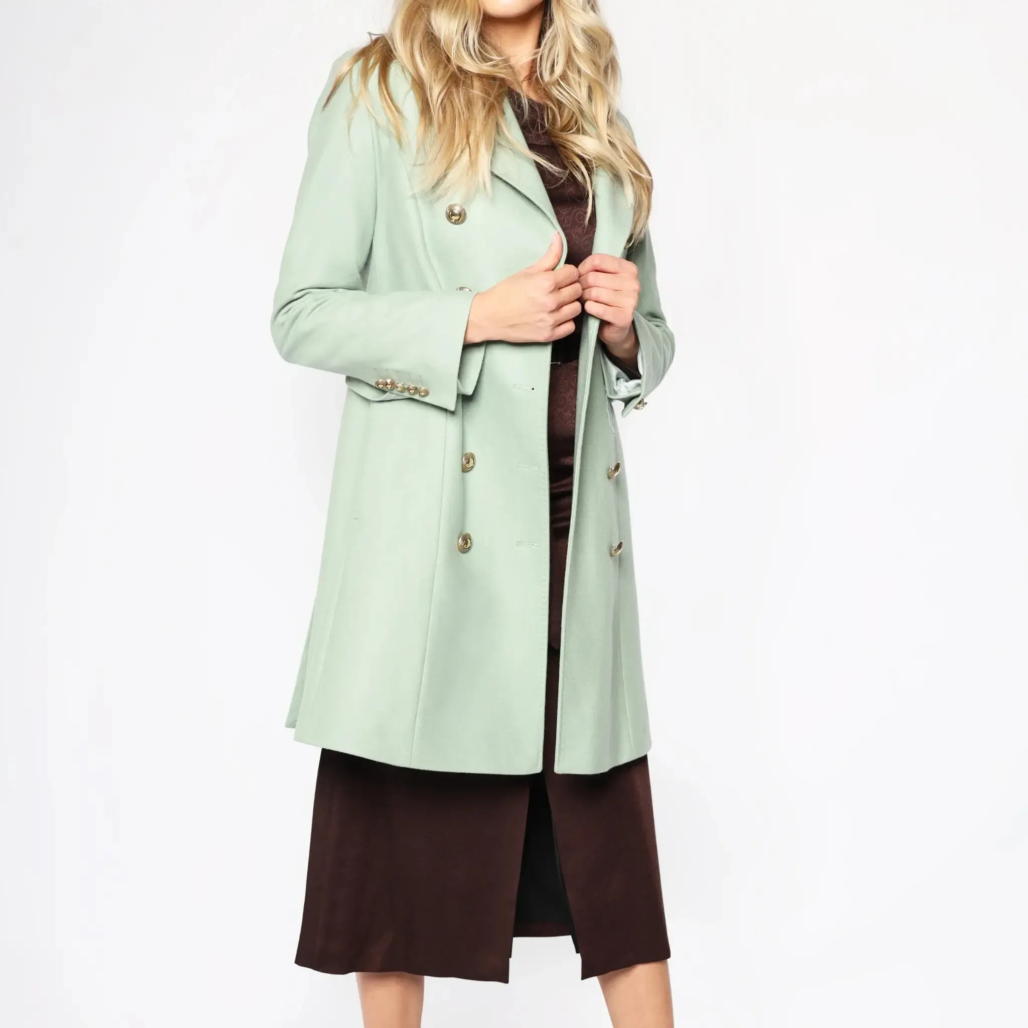 Pistachio Green Italian Wool Double Breasted Women's Winter Coat