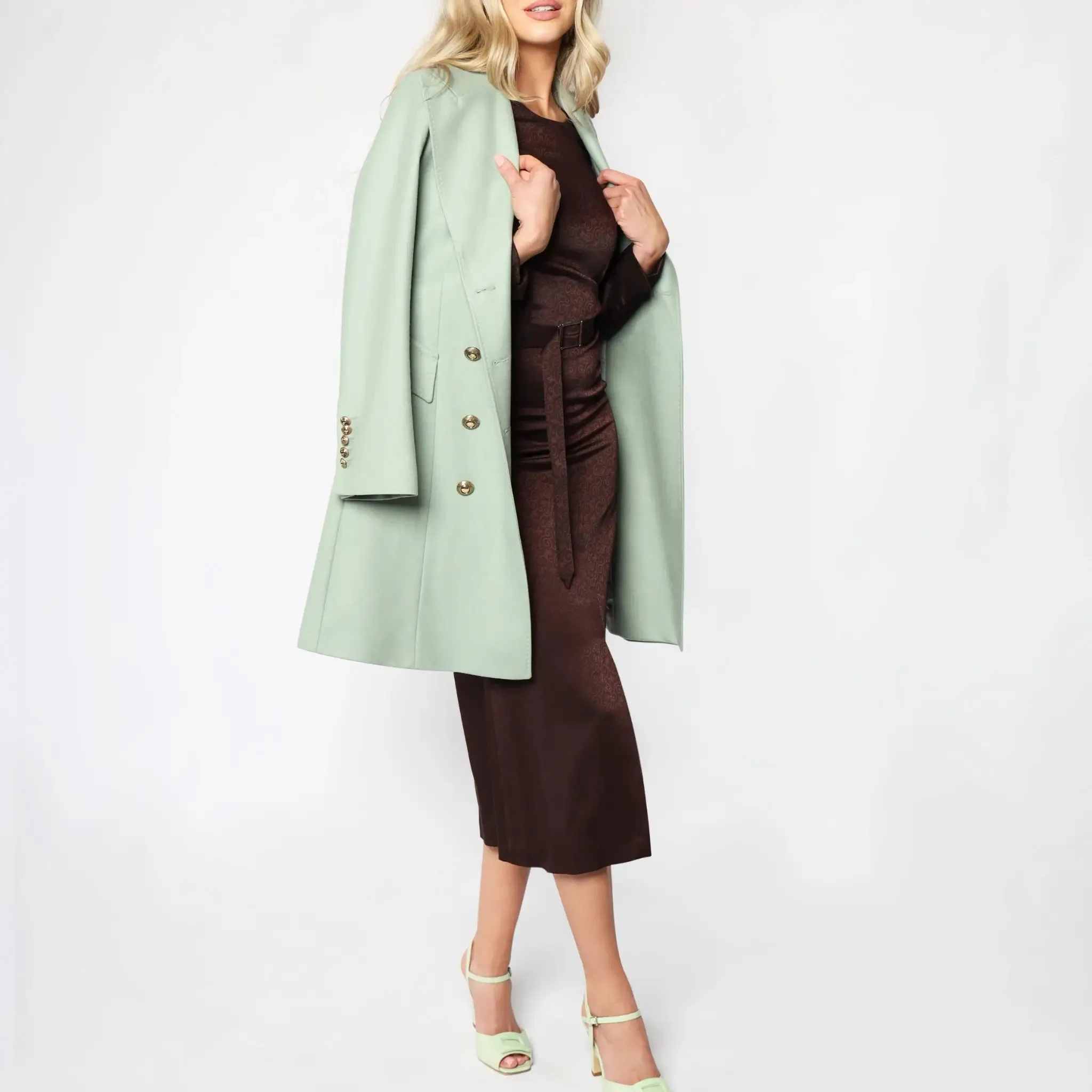 Pistachio Green Italian Wool Double Breasted Women's Winter Coat