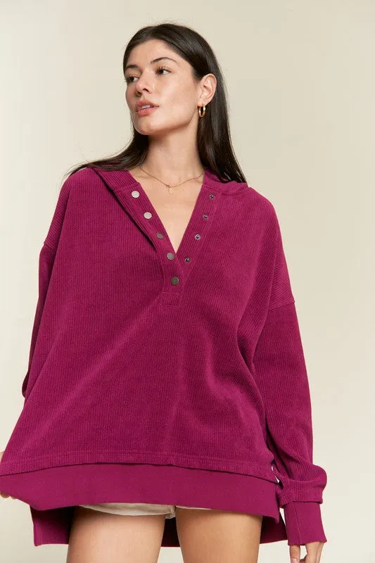 PLUS Long Slv Buton Down Ribbed Hooded Sweatshirt