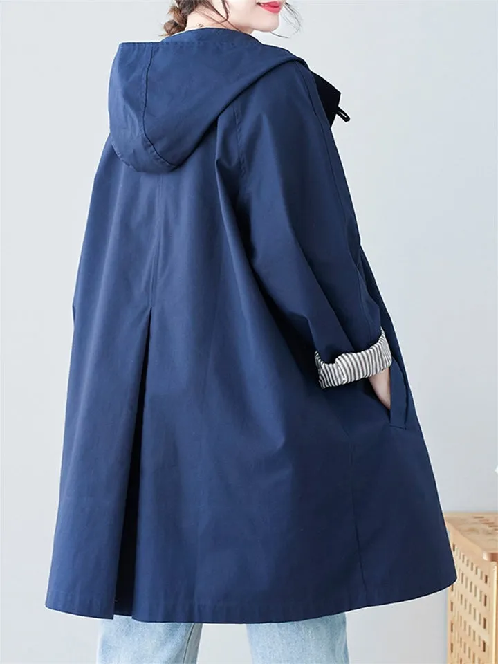 Pure Color Hooded Trench Coats Mid-length Jackets for Women