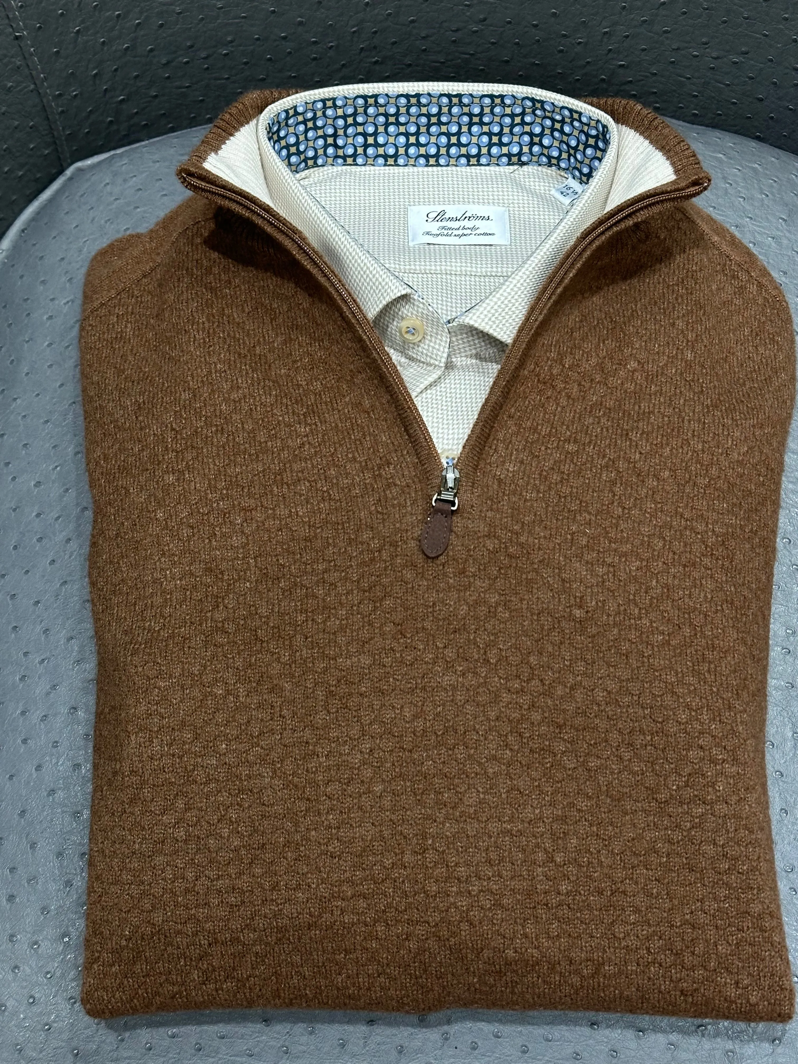 Quarter Zip Mock Neck Popcorn Woven Sweater, 100% Cashmere - Copper