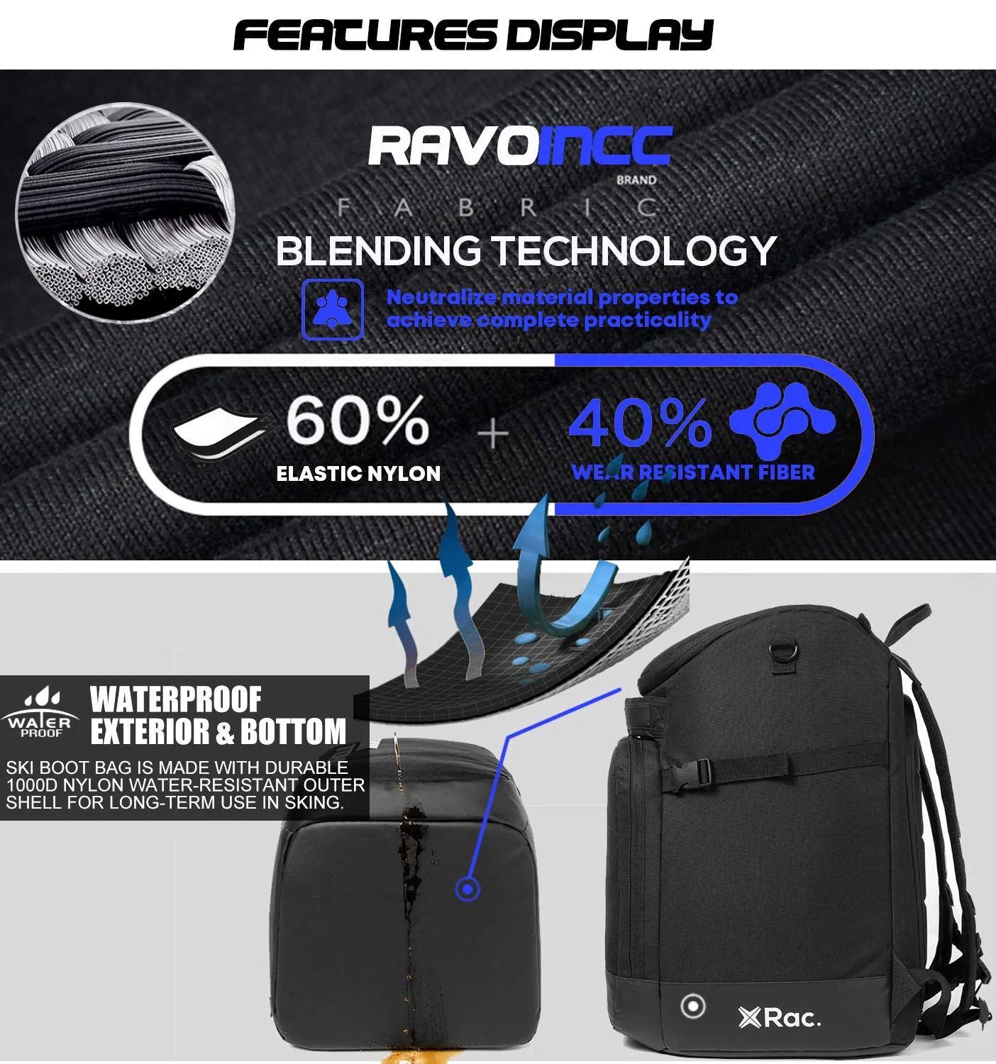 RAVOINCC Ski Boot Backpack 50L with Waterproof Exterior Stores Gear for Helmet, Goggles & Accessories