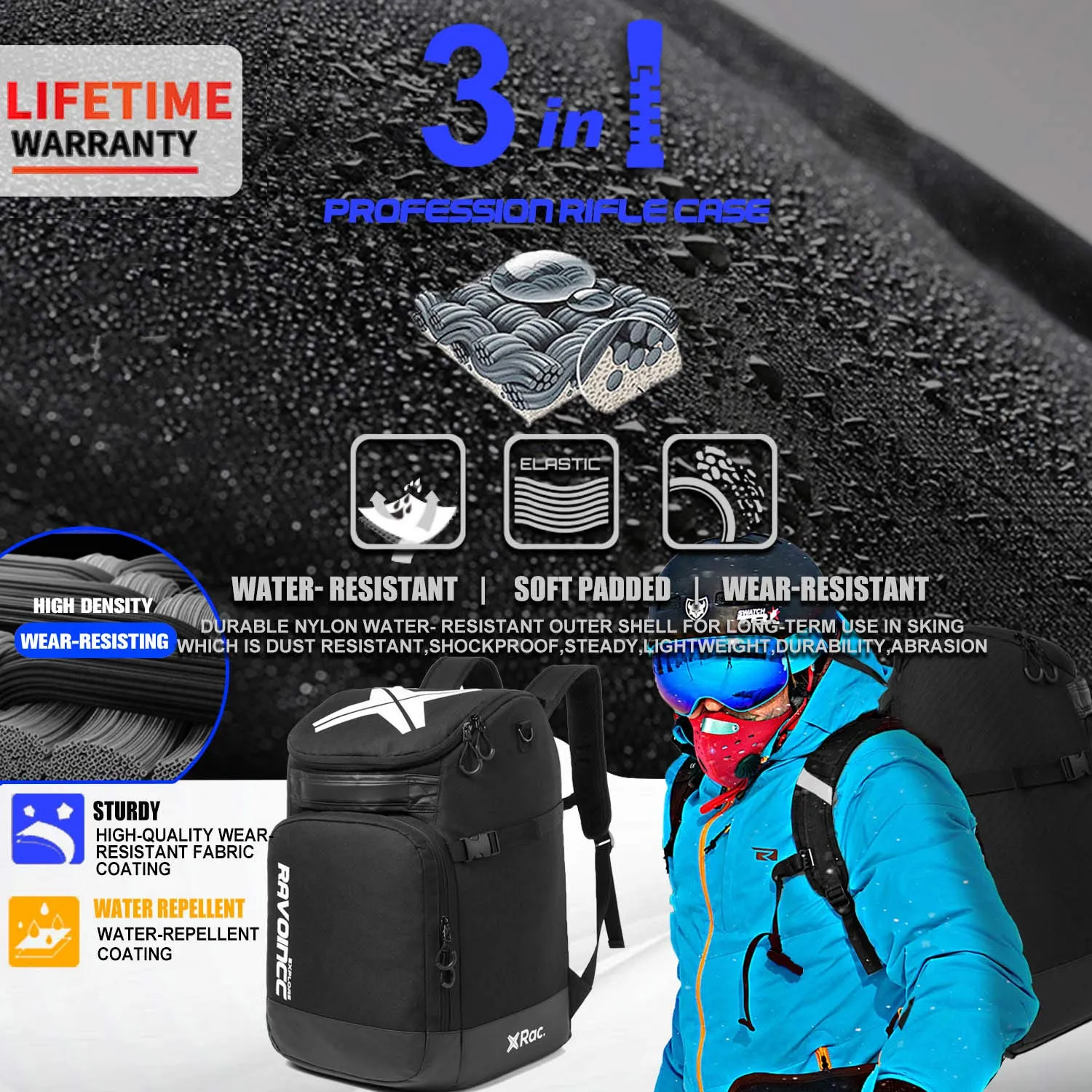 RAVOINCC Ski Boot Backpack 50L with Waterproof Exterior Stores Gear for Helmet, Goggles & Accessories