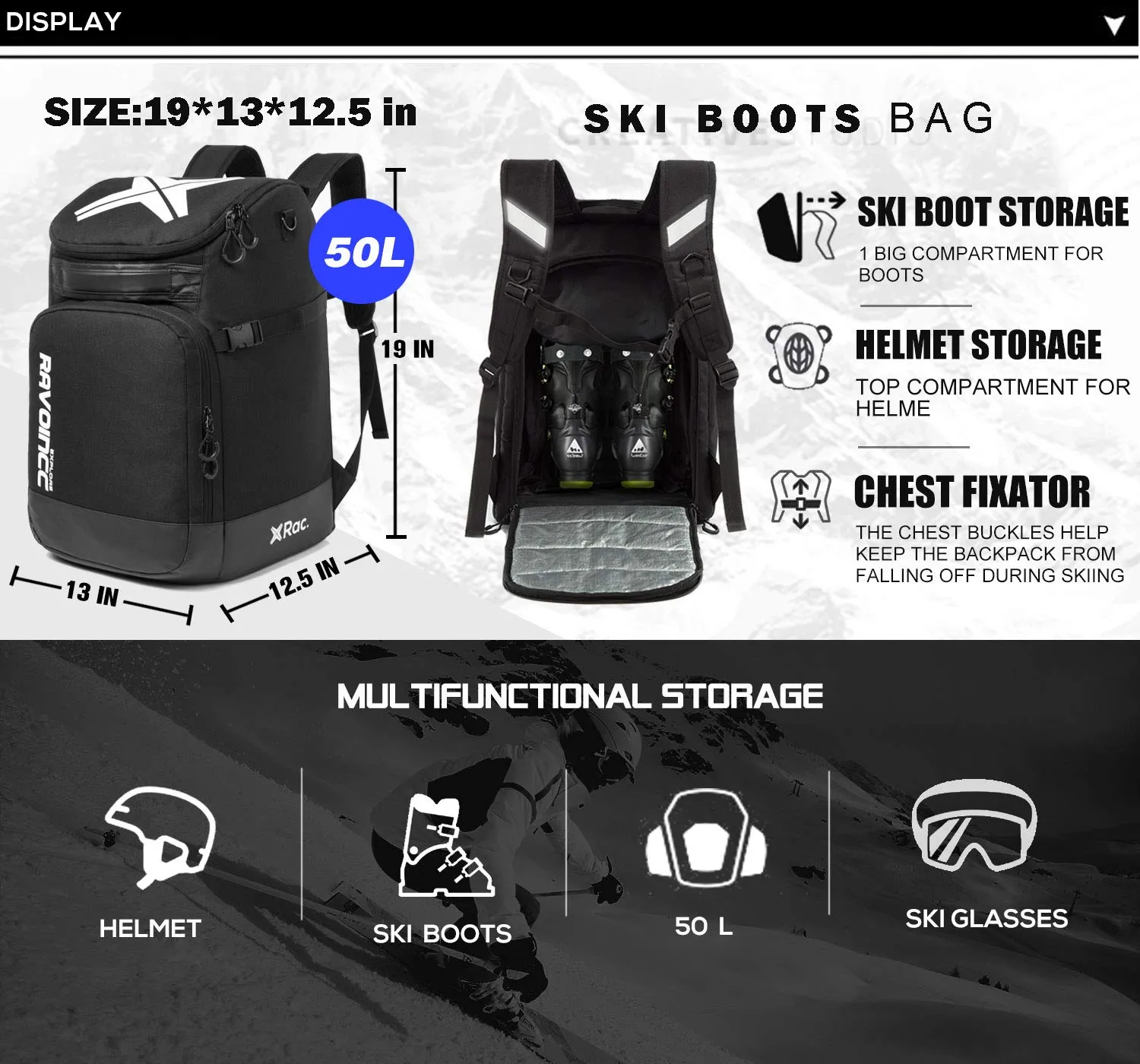 RAVOINCC Ski Boot Backpack 50L with Waterproof Exterior Stores Gear for Helmet, Goggles & Accessories