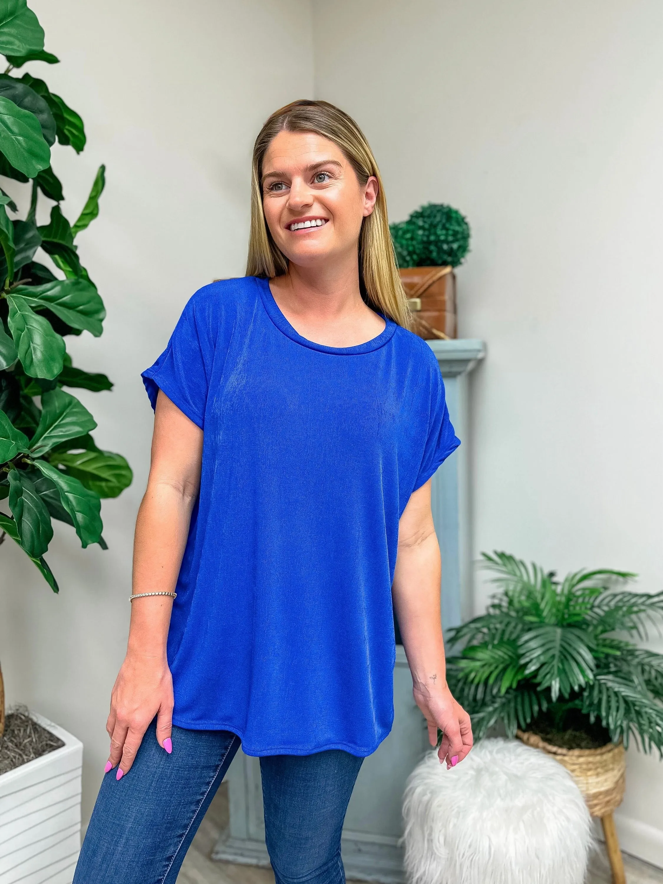 Relaxed Fit Round Neck Short Sleeve Top - Royal Blue by Sew In Love