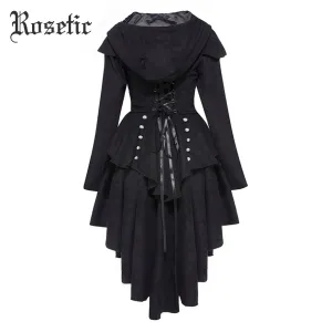 Rosetic Asymmetric Gothic Bandage Coat Black Vintage Swallow-tailed Outerwear Slim Women Overcoat Autumn Trench Retro Goth Coats