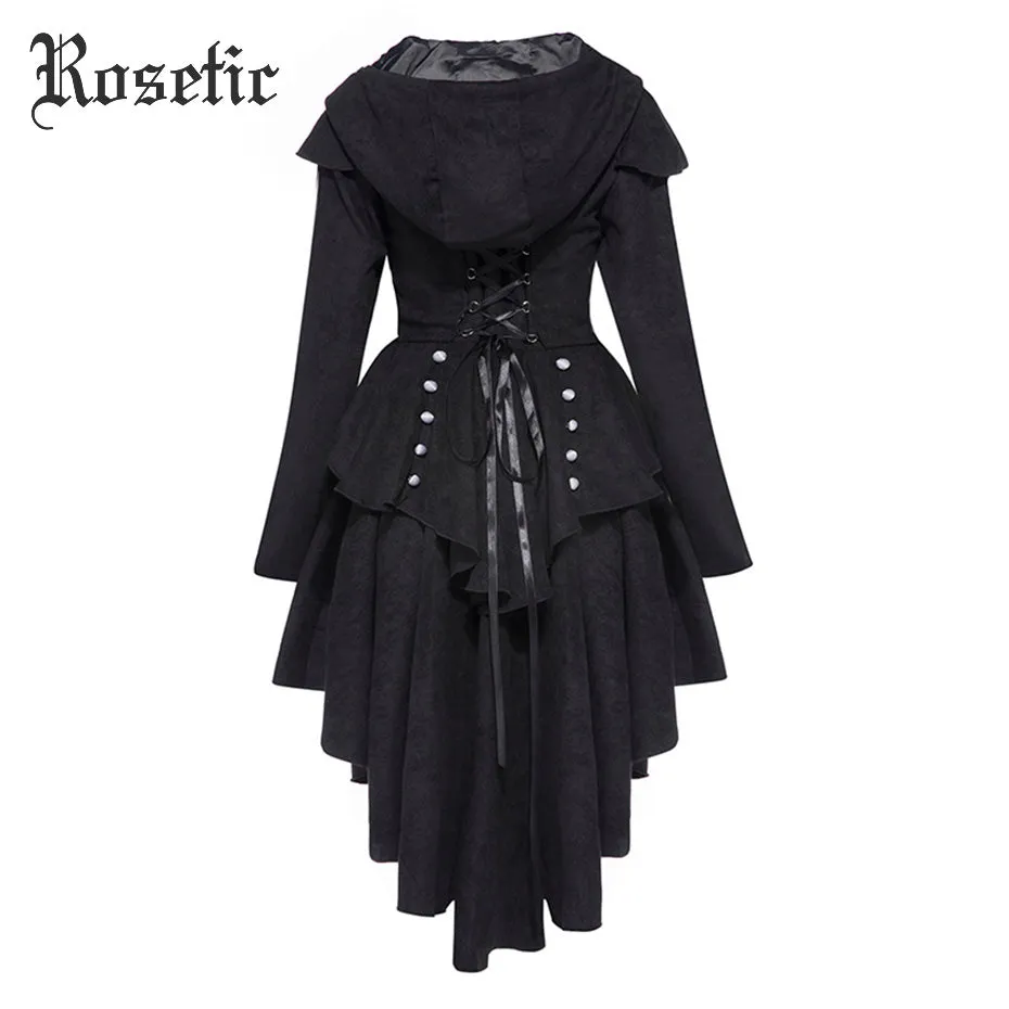 Rosetic Asymmetric Gothic Bandage Coat Black Vintage Swallow-tailed Outerwear Slim Women Overcoat Autumn Trench Retro Goth Coats