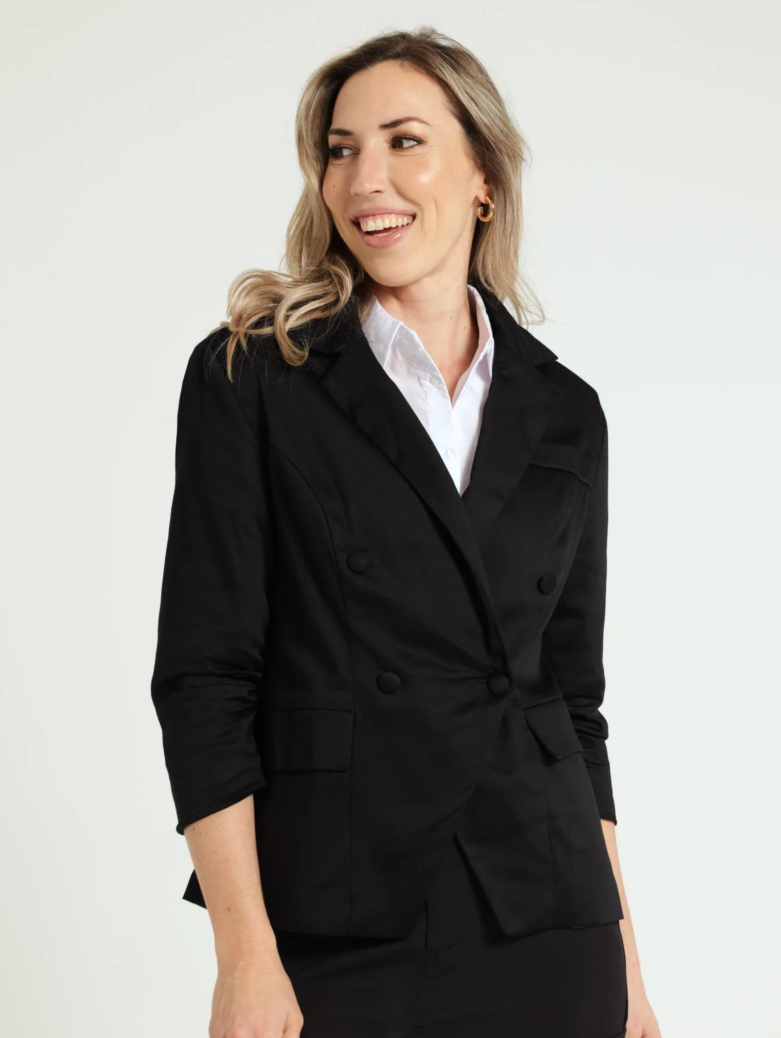 Sateen Double Breasted Blazer - Black
