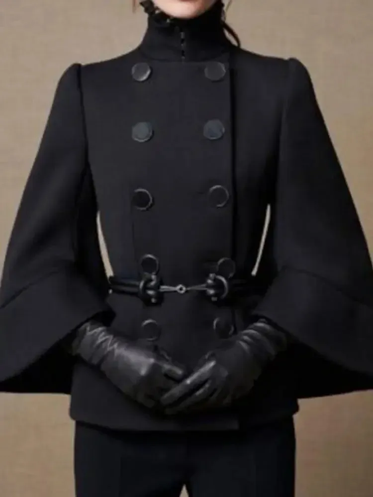 Short Jacket England Buttoned Black High Neck Coats