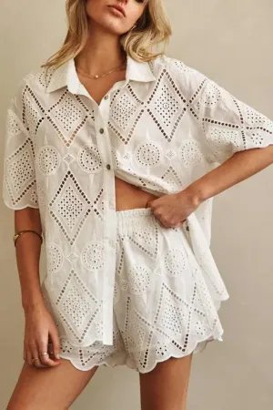 Short Sleeve Collared Lace Button Down