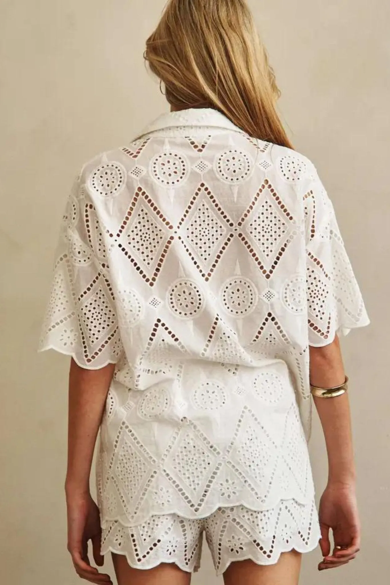 Short Sleeve Collared Lace Button Down