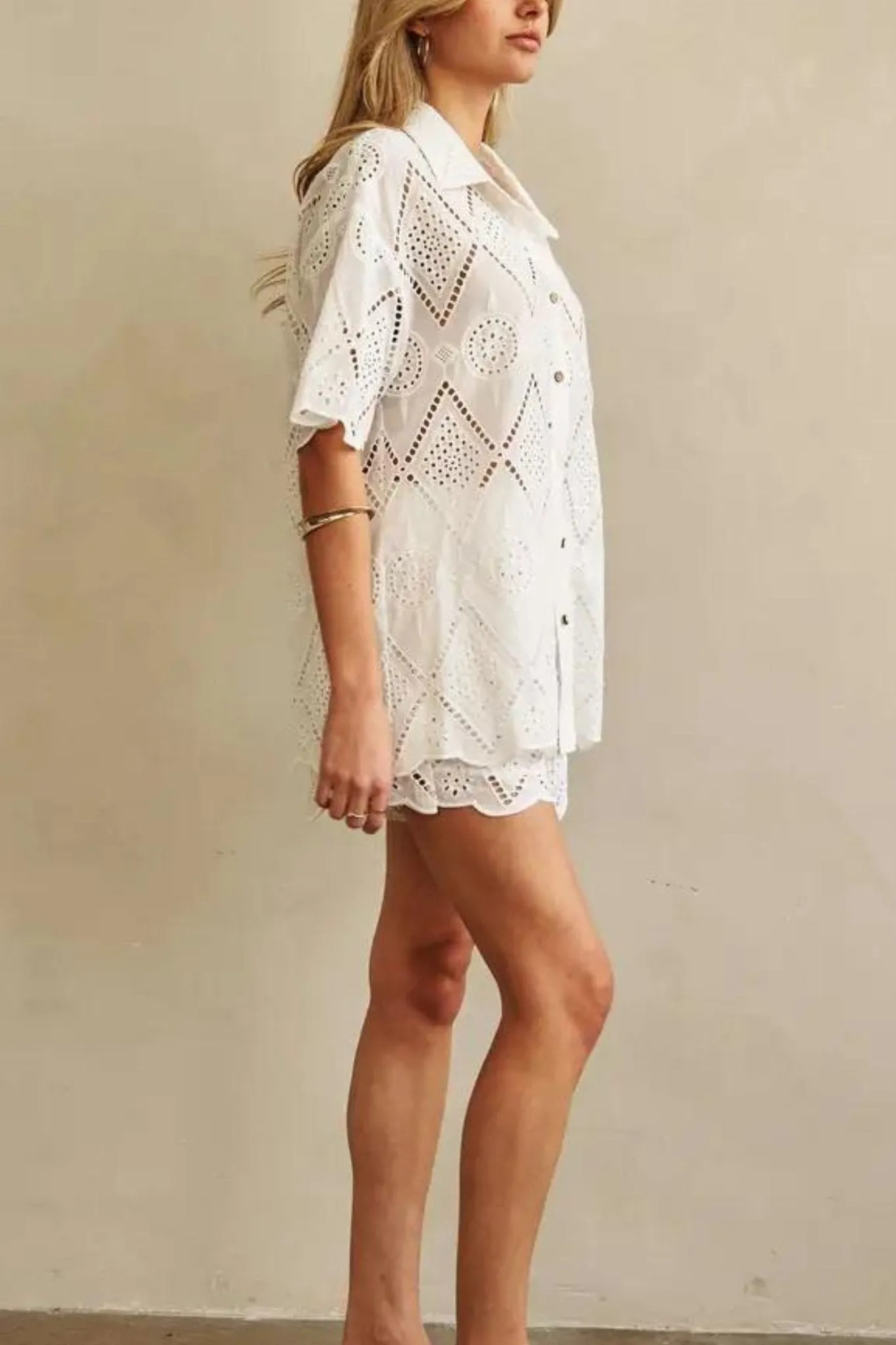 Short Sleeve Collared Lace Button Down