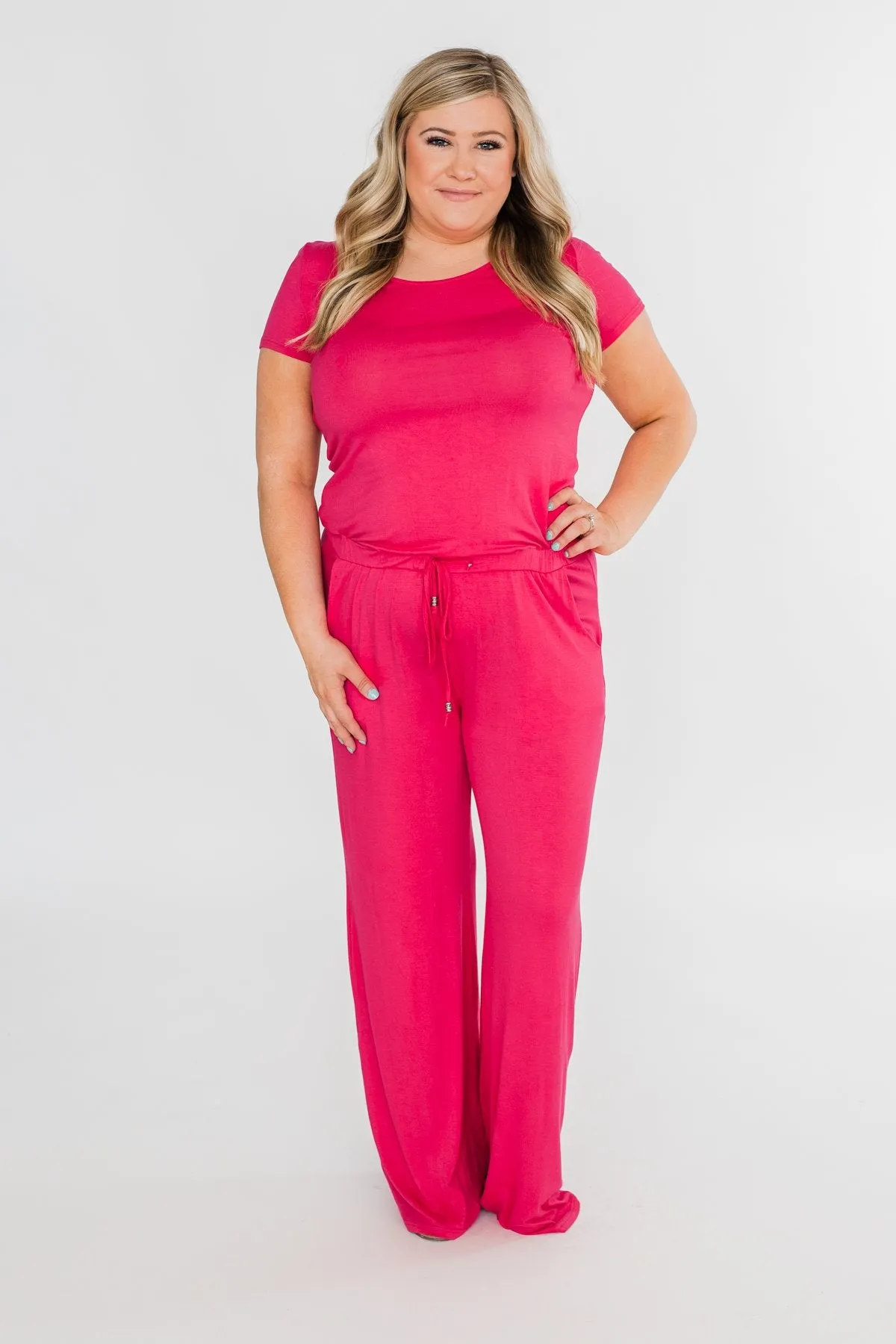 Short Sleeve Drawstring Jumpsuit- Fuchsia