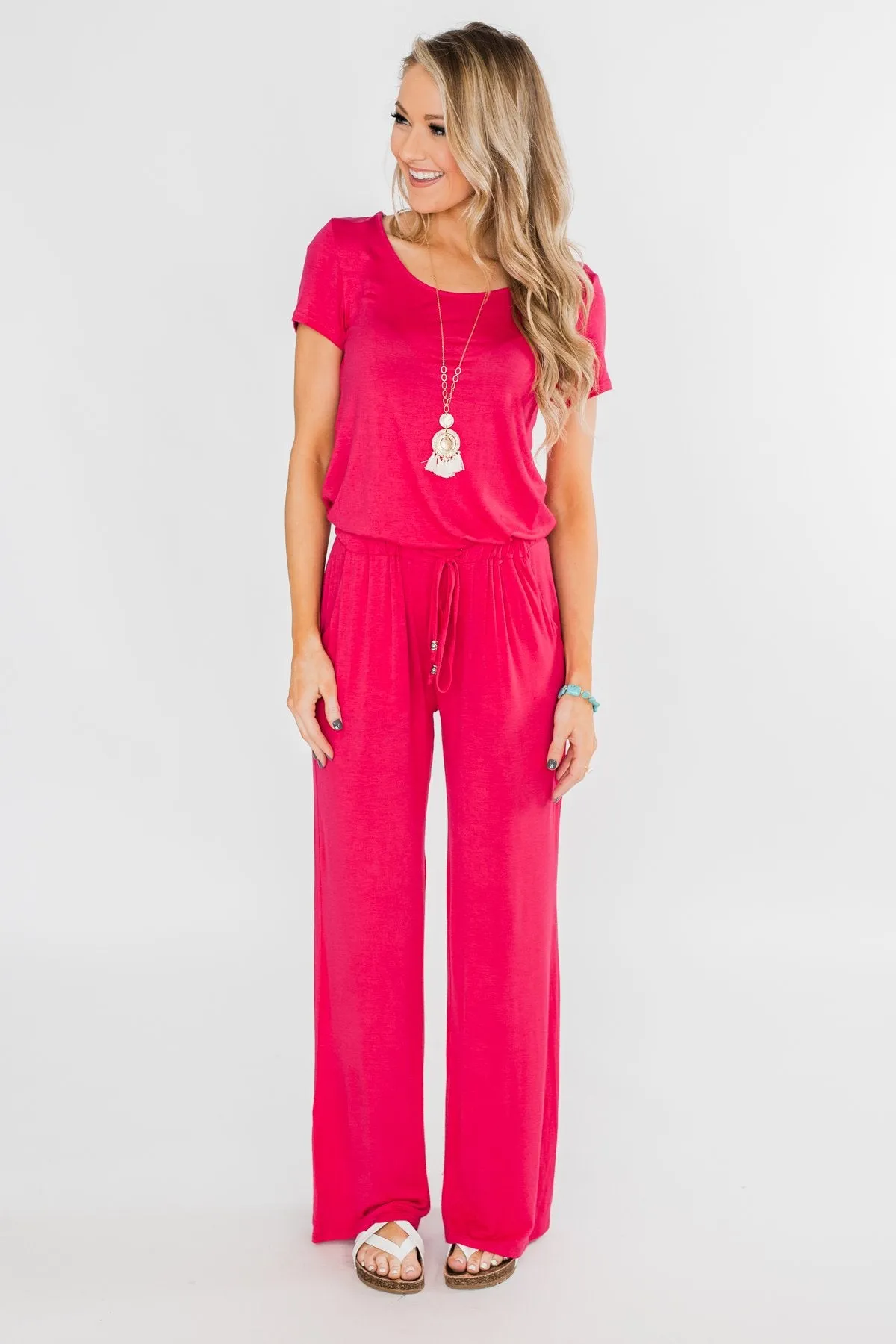 Short Sleeve Drawstring Jumpsuit- Fuchsia