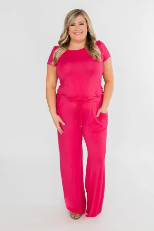 Short Sleeve Drawstring Jumpsuit- Fuchsia