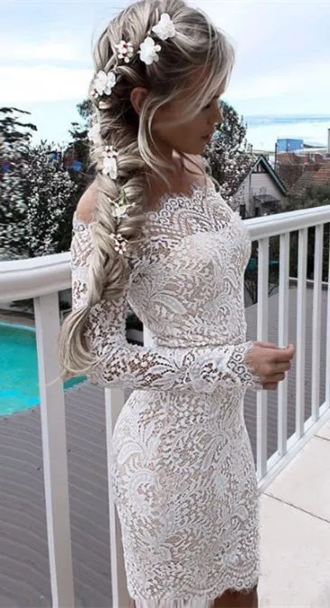 Simple White Long-Sleeve Mermaid Short Cocktail Party Dresses